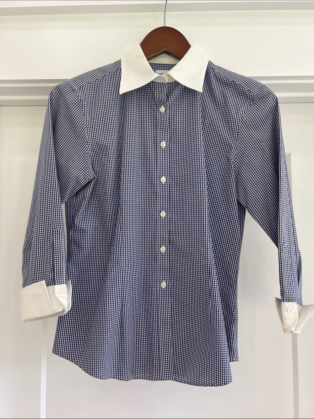 Brooks Brothers Navy Gingham Dress Shirt with White Contrast Collar & Cuffs